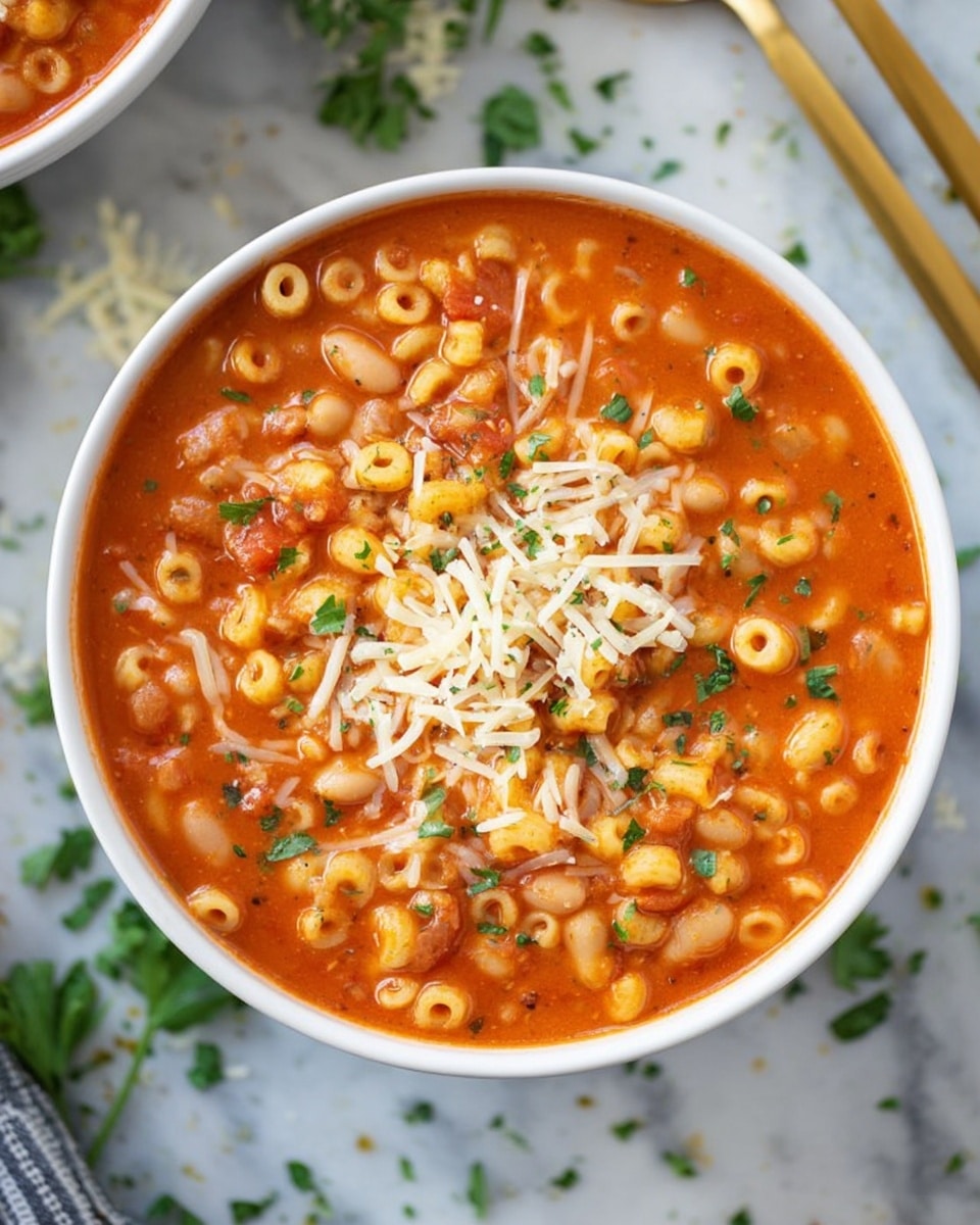A white bowl filled with a vibrant red-orange tomato-based soup, loaded with small round pasta and white beans, topped with shredded pale yellow cheese and sprinkled with green parsley pieces. The soup looks thick and hearty, with the pasta and beans evenly mixed throughout. The bowl sits on a white marbled surface, around which scattered parsley bits and cheese shreds can be seen. Two gold spoons lie nearby, adding a touch of shine to the setting. photo taken with an iphone --ar 4:5 --v 7