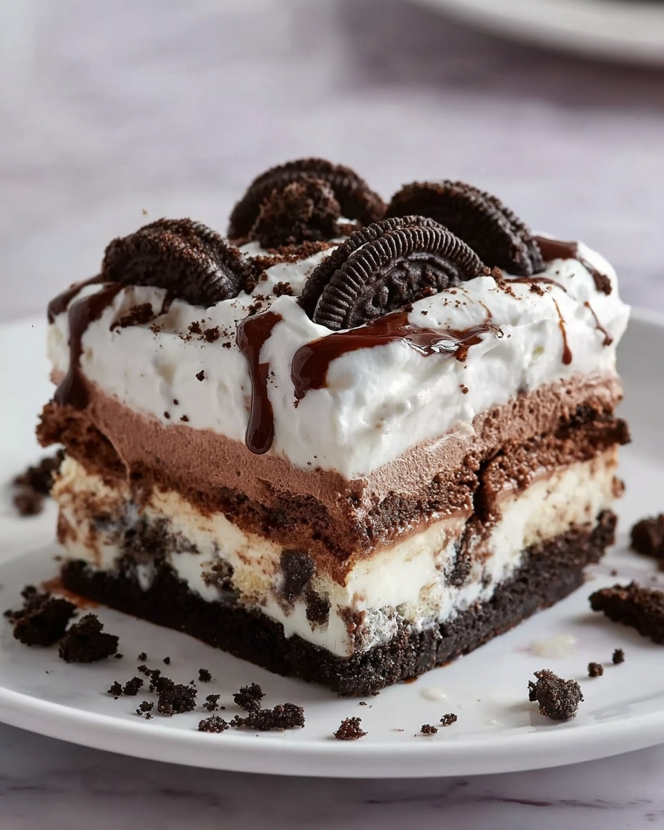 The image shows a square slice of layered dessert on a white plate, placed on a white marbled surface. The dessert has four main layers starting from the bottom with a dark chocolate cookie crust, followed by a creamy white layer with chocolate bits, then a rich chocolate cake layer, topped with a thick layer of white whipped cream. The top is decorated with broken chocolate sandwich cookie pieces and drizzled with dark chocolate sauce. Crumbled cookie bits are scattered around the plate edges. Photo taken with an iphone --ar 4:5 --v 7