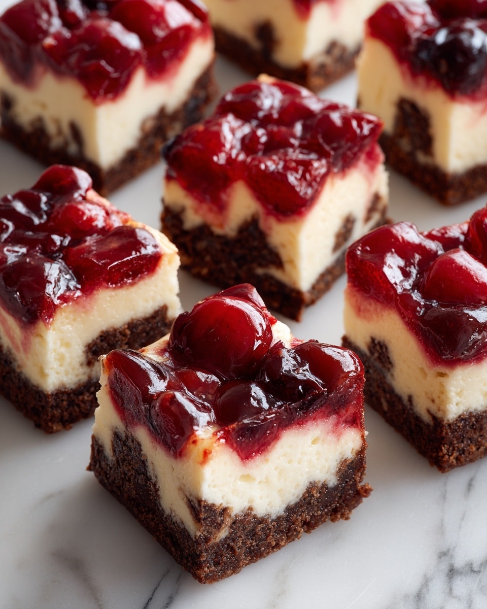 The image shows nine square pieces of a dessert with three clear layers. The bottom layer is a dark brown, rich-looking chocolate base. The middle layer is creamy and pale, with a smooth texture that looks like cheesecake. The top layer has a shiny, bright red cherry sauce with whole cherries, giving a juicy and glossy look, blending a bit into the other layers. Each piece shows a mix of these layers swirling together, with the dark chocolate patches uneven and slightly cracked on top. The dessert pieces sit on a white marbled surface. Photo taken with an iphone --ar 4:5 --v 7
