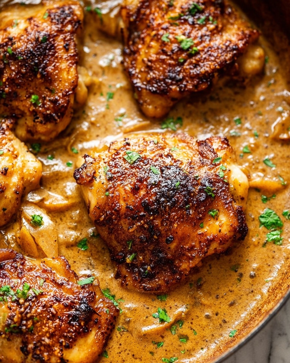 The image shows several golden-brown cooked chicken thighs with crispy edges resting in a thick, creamy brown sauce. The chicken pieces have a slightly charred texture on top with visible spices and small green herb bits sprinkled over them. The sauce beneath the chicken looks rich and smooth, filling the spaces between the chicken layers. All of this is placed on a white marbled surface in a close-up shot. photo taken with an iphone --ar 4:5 --v 7