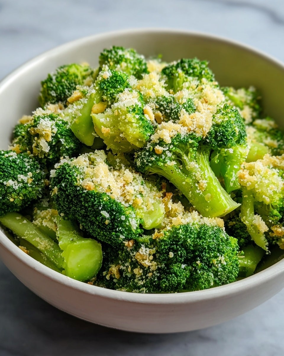 A white bowl filled with bright green broccoli florets coated in a light layer of grated cheese or breadcrumbs, giving the top a slightly crumbly, pale yellow texture. The broccoli stems are visible, showing a fresh and tender appearance, while the florets have a vibrant, textured surface with small clusters. The bowl sits on a white marbled surface, adding a clean and simple background to the dish. photo taken with an iphone --ar 4:5 --v 7