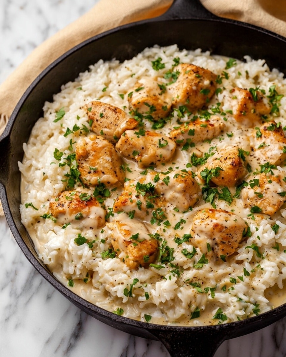 A black cast iron pan filled with creamy white rice as the base layer, soft and slightly thick with a glossy texture. On top, several golden-brown cooked chicken pieces are scattered, each piece seasoned lightly with black pepper and herbs. Fresh green parsley is sprinkled over the whole dish adding bright pops of color. The creamy sauce lightly coats both the rice and chicken, creating a smooth and rich appearance. The pan rests on a white marbled surface with a beige cloth partially visible in the upper background, photo taken with an iphone --ar 4:5 --v 7