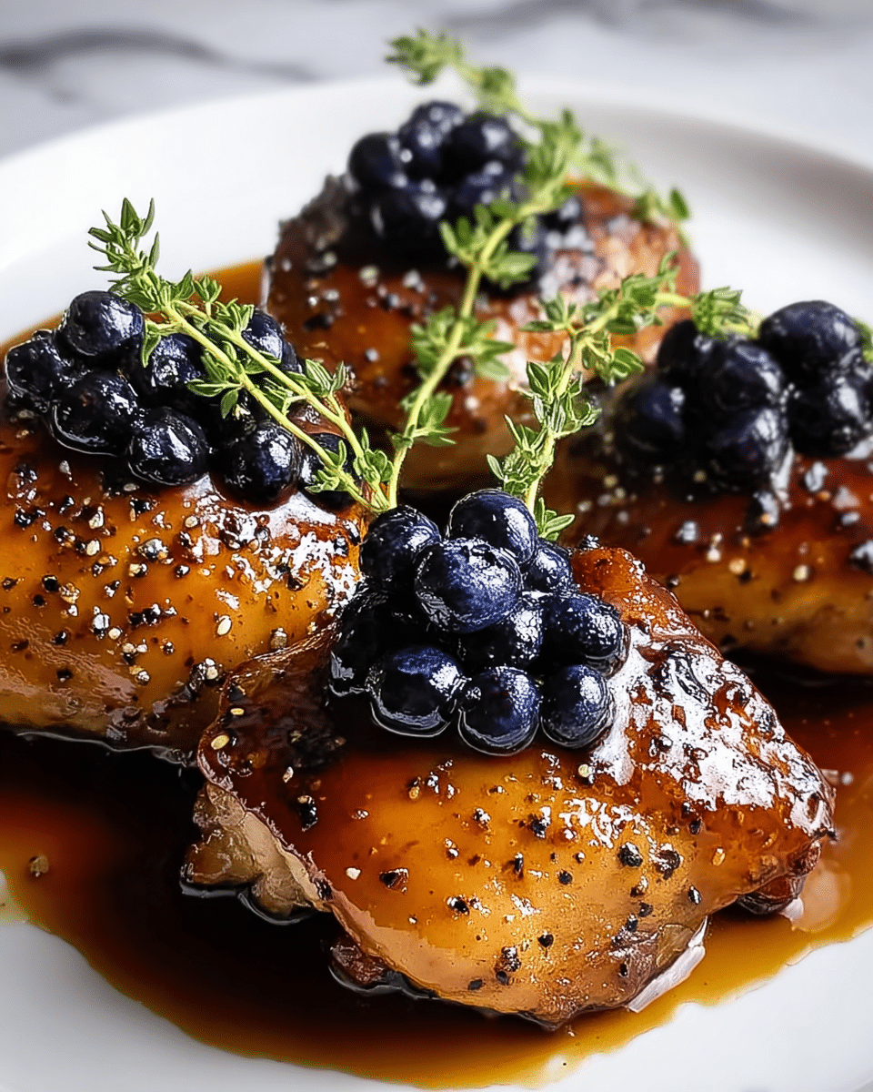 The image shows three pieces of glazed chicken thighs with a shiny, caramelized brown color and bits of black pepper on top, arranged on a white plate. Each chicken piece is topped with a small bunch of dark, glossy blueberries and a sprig of fresh green thyme. There is a rich, dark brown sauce pooling around the chicken on the plate. The background is a white marbled texture. photo taken with an iphone --ar 4:5 --v 7