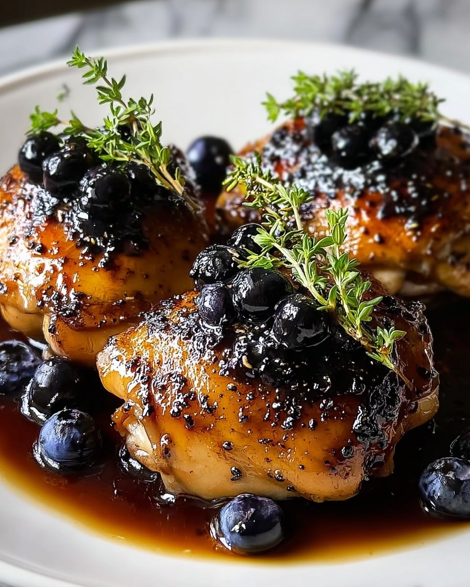 Three grilled chicken thighs are placed on a white plate with a shiny, dark glaze covering each piece. The chicken skin is golden with charred black spots and a slightly crispy texture. On top of each chicken thigh are glossy dark blue blueberries and sprigs of fresh green thyme. A rich, dark sauce pools around the bottom, with a few loose blueberries scattered on the plate. The plate sits on a white marbled surface. Photo taken with an iphone --ar 4:5 --v 7