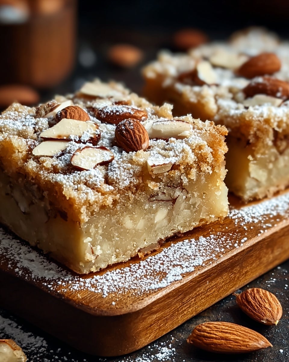 Two thick square bars of almond dessert sit on a wooden board dusted with powdered sugar. Each bar has two main layers: a dense, crumbly pale beige base hiding chunks of almonds inside, and a top layer covered with a golden brown crumbly crust also sprinkled with white powdered sugar. Sliced almonds and whole almonds decorate the top, adding texture and a mix of light brown and cream colors. A few almonds and crumbs are scattered around the bars, with a dark blurred background behind. Photo taken with an iphone --ar 4:5 --v 7