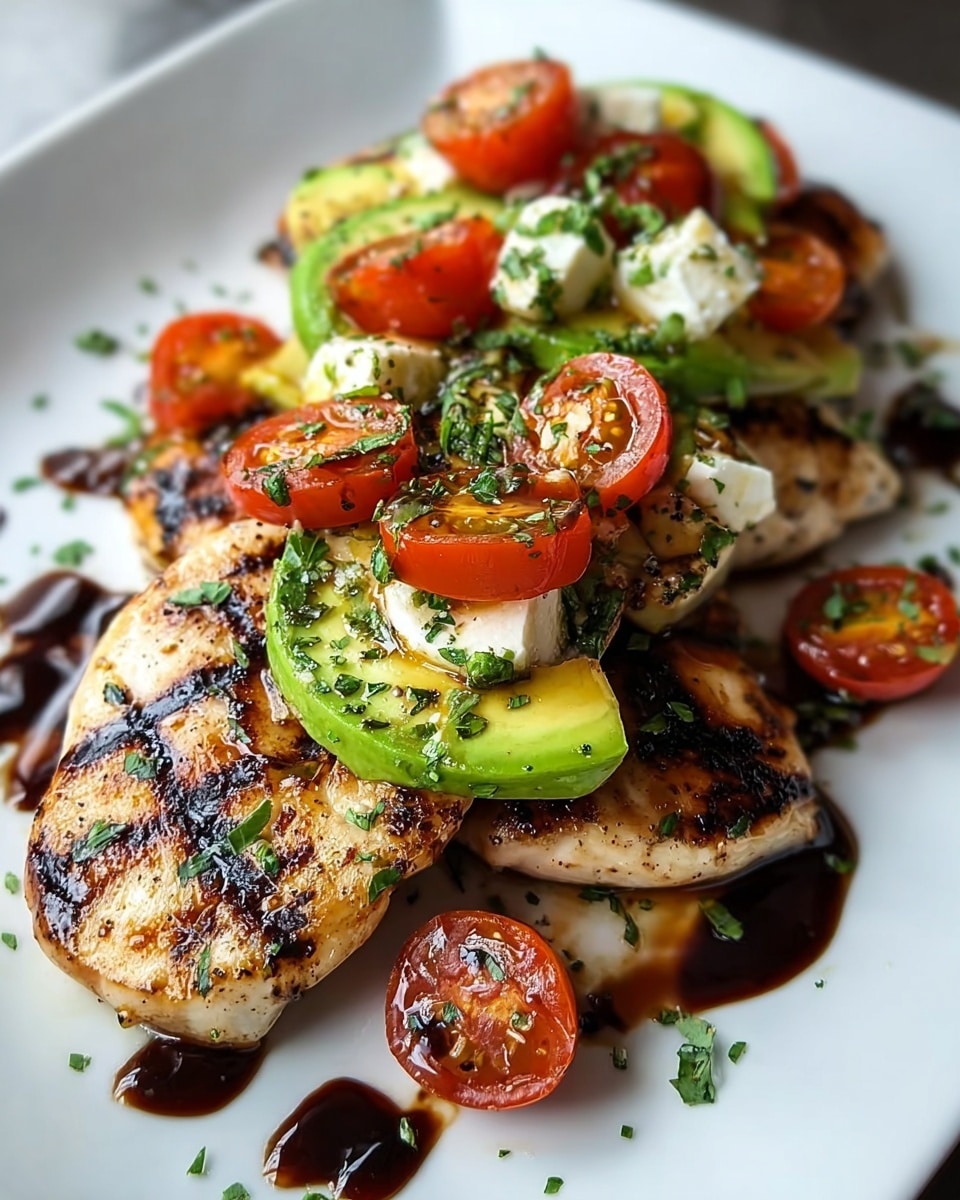 The dish shows three grilled chicken breasts with dark grill marks, stacked on a white plate with scattered small green herbs. On top of the chicken, there are slices of green avocado with creamy white cheese pieces interspersed. Bright red grilled cherry tomatoes, some halved and some whole, are placed over the chicken and avocado, with a drizzle of dark balsamic glaze around the plate. The background is a white marbled texture. Photo taken with an iphone --ar 4:5 --v 7
