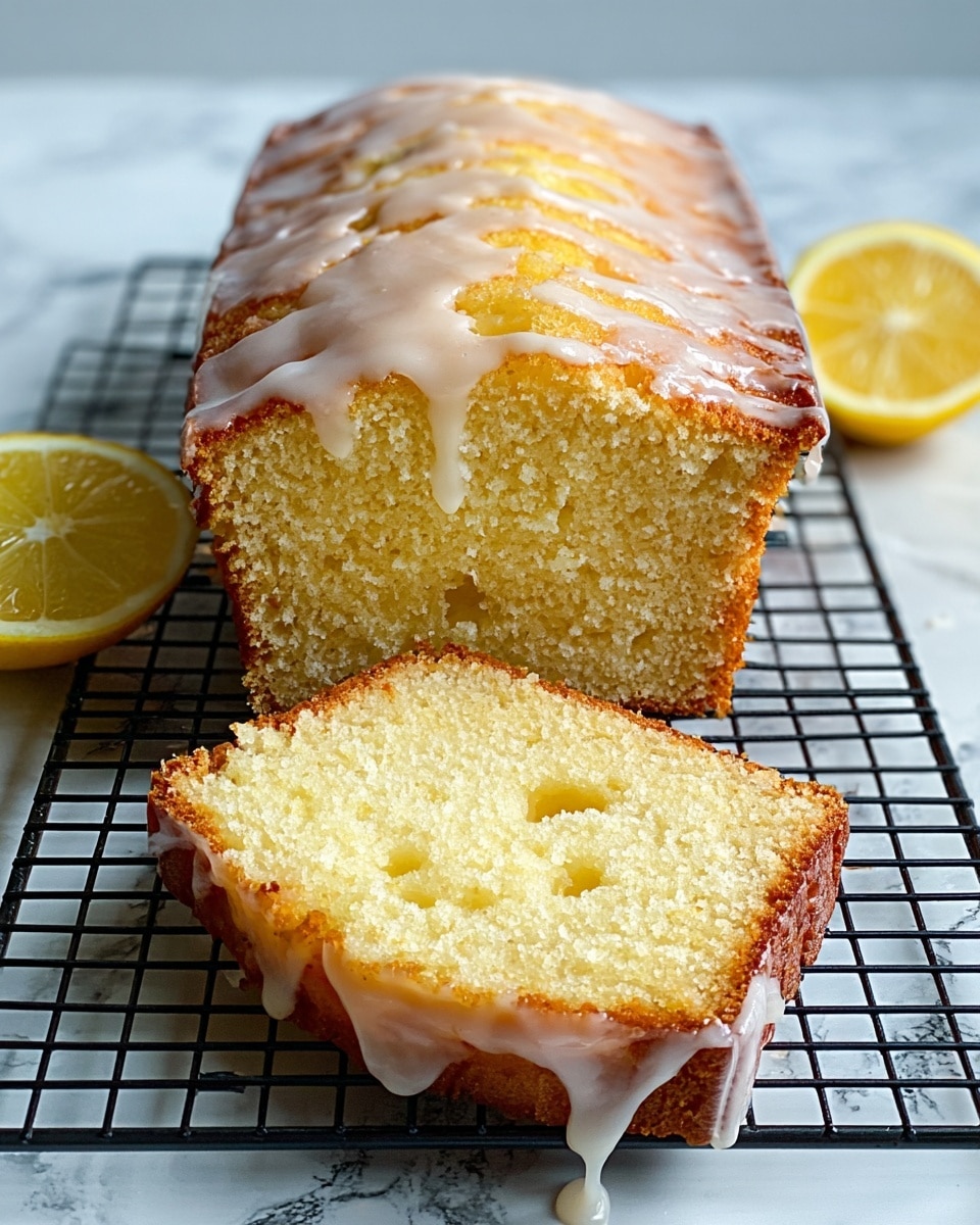 A sliced lemon cake on a black cooling rack with a shiny, light yellow glaze dripping over the top; the cake has two layers visible, the top with a golden brown crust and the inside being moist and crumbly pale yellow. Next to the rack, two lemon halves lay on a white marbled surface, adding a fresh yellow contrast. The cake slice leans forward showing its dense texture with some small holes. Photo taken with an iphone --ar 4:5 --v 7