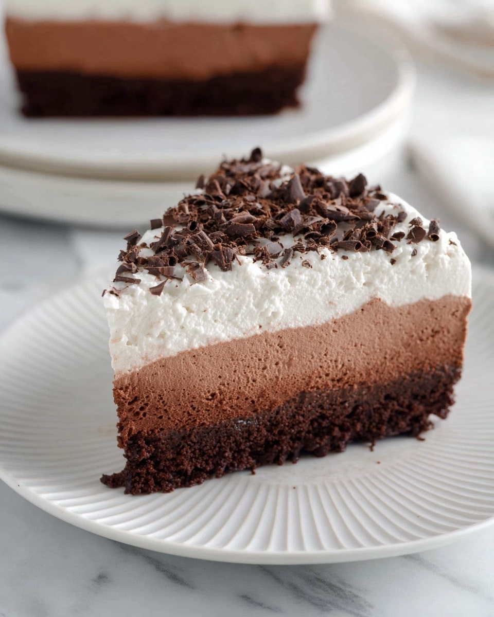 The image shows a slice of three-layer chocolate mousse cake on a white plate with thin ridged edges on a white marbled surface. The bottom layer is a dark, dense chocolate cake with a slightly crumbly texture. Above it is a thick milk chocolate mousse layer that looks creamy and smooth. The top layer is a light and fluffy white whipped cream, generously sprinkled with dark chocolate shavings that curl and scatter lightly. In the background, on another white plate, is a rectangular piece of dark chocolate cake, slightly out of focus. Photo taken with an iphone --ar 4:5 --v 7