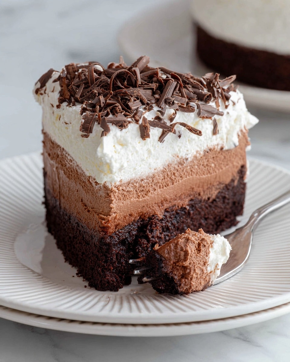 The image shows a slice of chocolate mousse cake on a white plate with a finely ridged texture. The cake has three distinct layers: a dark, dense chocolate cake base at the bottom, a thick middle layer of light brown chocolate mousse with a smooth, airy texture, and a top layer of fluffy white whipped cream. The whipped cream is sprinkled generously with curled dark chocolate shavings, adding texture and contrast. A fork on the plate holds a small bite of the cake, showing all three layers clearly. The scene is set on a white marbled texture surface that adds a clean and elegant feel to the image. photo taken with an iphone --ar 4:5 --v 7