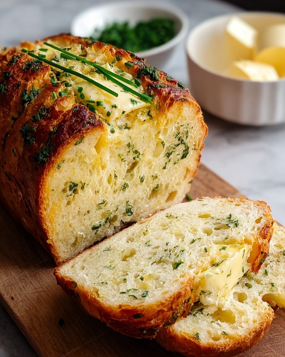 A loaf of garlic herb bread with two slices cut in front, showing a soft, light yellow inside speckled with green herbs. The top crust is golden brown with a spread of melted butter and sprinkled with fresh chopped chives. The bread sits on a wooden board, and in the blurred white marbled background there is a white bowl with butter cubes and some green herbs. The texture of the bread is airy and moist with a crispy outer crust. photo taken with an iphone --ar 4:5 --v 7