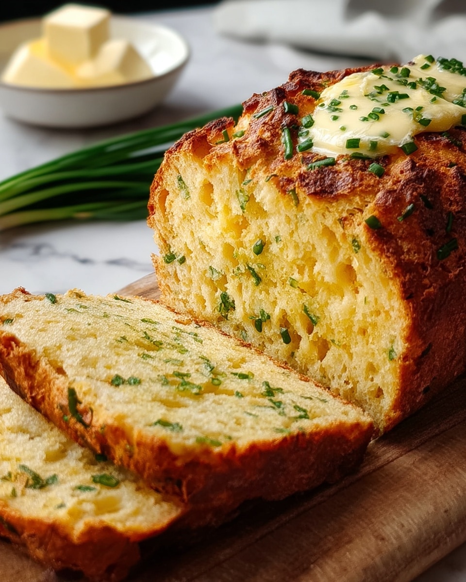 A loaf of golden-brown bread with a rough, crispy crust is sliced to show a soft, light yellow inside with small green pieces of chives spread throughout. The top slice has a smooth, melted layer of butter with chopped chives on it. The bread sits on a wooden board, and in the blurred background, a white bowl with butter cubes and whole chives lies on a white marbled surface. Photo taken with an iphone --ar 4:5 --v 7