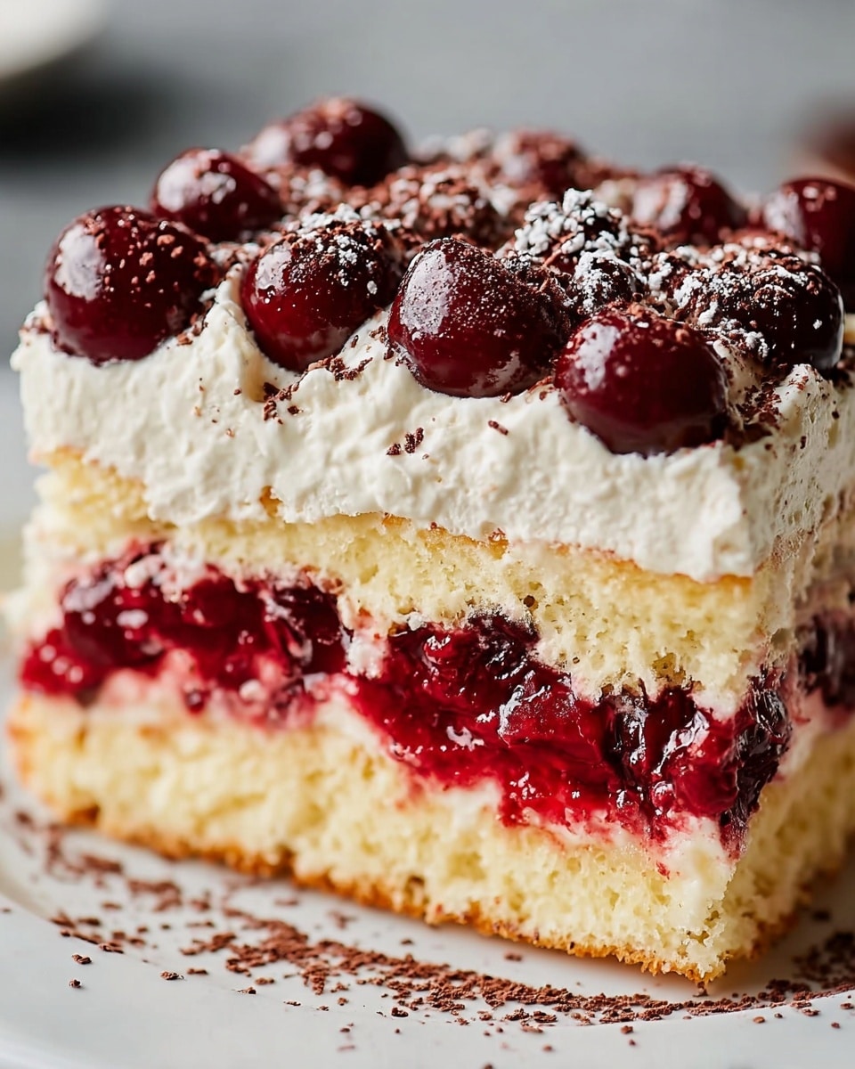 A close-up of a slice of layered dessert featuring three main layers. The bottom layer is a light yellow, soft sponge cake with visible crumbs. Above that is a thick, uneven spread of bright red cherry filling with a glossy texture. On top of the cherries, there is a thick, creamy white layer of whipped cream or frosting, smooth but slightly fluffy. The topmost layer shows dark red, shiny whole cherries arranged closely on the creamy white frosting, dusted lightly with fine cocoa powder which also sprinkles parts of the cream below. The dessert rests on a white plate with a white marbled texture surface in the background. Photo taken with an iphone --ar 4:5 --v 7