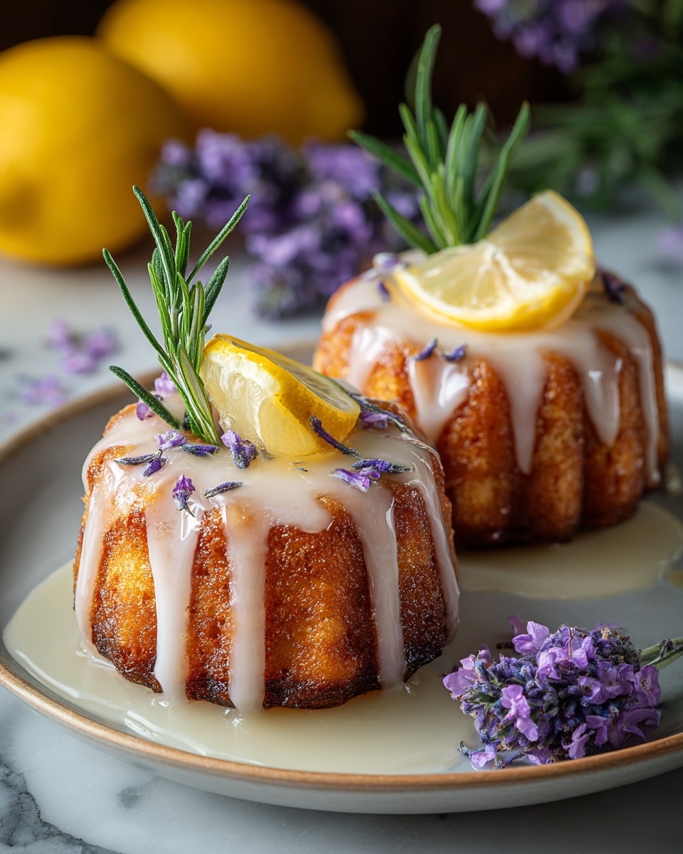 Two small round cakes with a fluted edge and a golden brown outer layer sit side by side on a white plate. Each cake is covered with a light drizzle of creamy white glaze that flows slightly down the sides. On top of each cake, there is a small lemon wedge and a sprig of green rosemary, with tiny purple flower petals scattered around and on the cakes. Next to the cakes on the plate, there is a small bunch of purple flowers. The background shows a blurred yellow lemon and more purple flowers with green leaves, all set against a white marbled surface. photo taken with an iphone --ar 4:5 --v 7