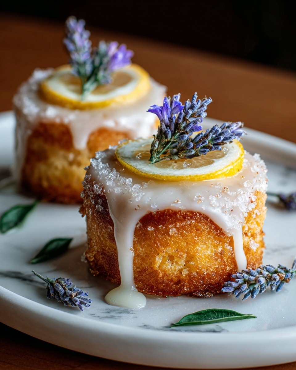 Two small golden-brown cakes are placed on a white plate set on a white marbled surface. Each cake has a thick layer of glossy white icing dripping down the sides, topped with coarse sugar crystals that add texture. On top of each cake, there is a thin slice of lemon, a small bunch of purple lavender flowers, and a few scattered green leaves for decoration. Some lavender sprigs and leaves are also scattered around the cakes on the plate. The lighting brings out the moist texture of the cakes and the smooth shine of the icing. photo taken with an iphone --ar 4:5 --v 7