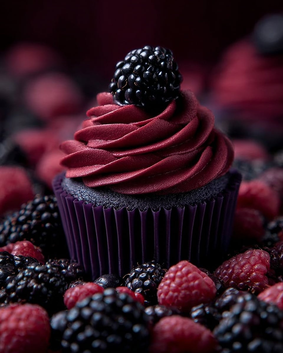 A close-up of a single cupcake with a dark purple wrapper, topped with a thick swirl of smooth, deep magenta frosting. At the very top of the frosting sits a shiny black blackberry. The cupcake is placed in the middle of many blackberries and deep purple raspberries, creating a rich, dark berry-filled scene. The background is a soft blur in dark purples and reds. The surface is a white marbled texture. photo taken with an iphone --ar 4:5 --v 7