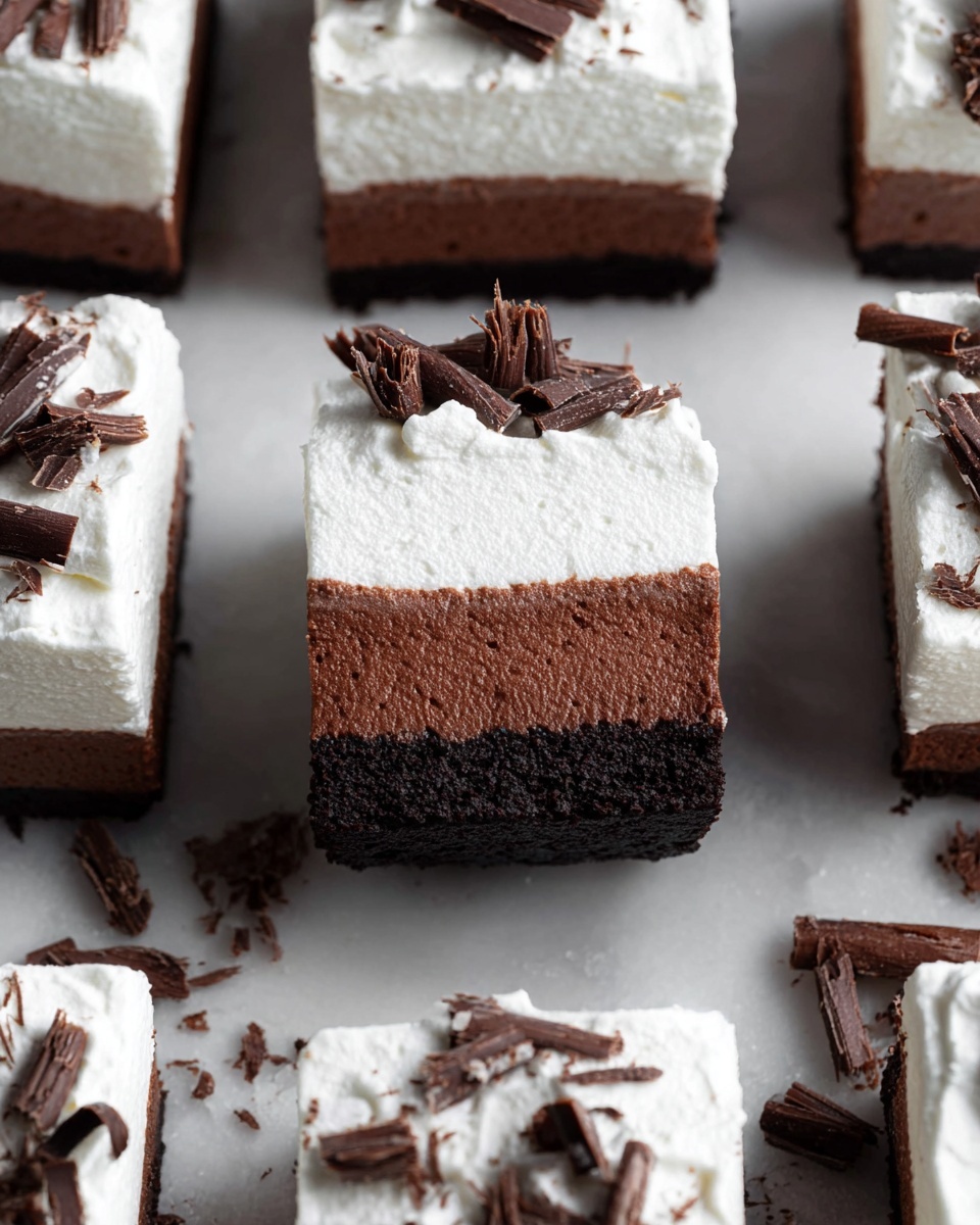 A group of square chocolate mousse bars is shown on a white marbled surface, each bar has three layers: a dark chocolate crumb base at the bottom, a thick middle layer of smooth, rich chocolate mousse with a slightly textured surface, and a thick top layer of white, fluffy whipped cream. The whipped cream tops are decorated with dark chocolate curls and small chocolate shavings scattered on the surface, giving a nice contrast of dark brown and white. One bar is turned sideways and centered, showing clearly the three distinct layers. photo taken with an iphone --ar 4:5 --v 7