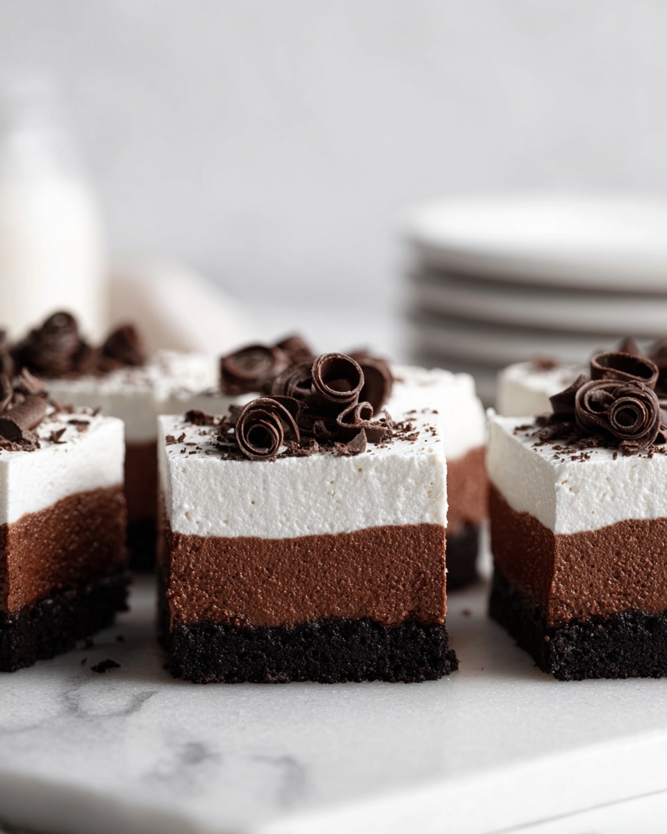 The image shows three neatly cut square pieces of a dessert side by side on a white marbled surface. Each piece has three layers: a bottom dark black cookie crust, a thick middle layer of smooth, rich chocolate mousse that is dark brown and textured, and a top layer of white creamy frosting that looks light and fluffy. On top of each piece, there are several small, tight chocolate curls arranged casually, adding a decorative touch. The background is softly blurred with white plates stacked in the corner, keeping the focus on the dessert. Photo taken with an iphone --ar 4:5 --v 7