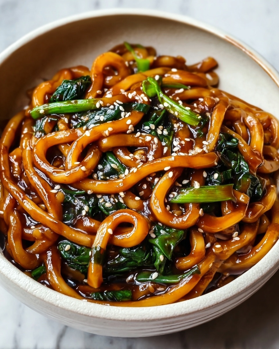 The image shows a close-up of a bowl filled with thick udon noodles coated in a glossy, dark brown sauce. Mixed in with the noodles are fresh, dark green leafy vegetables, adding a pop of color. The noodles appear thick and slightly curled, with a shiny texture from the sauce. Small white sesame seeds are sprinkled evenly across the top, giving a nice contrast to the rich colors. The bowl is white with a subtle texture and is placed on a white marbled surface. photo taken with an iphone --ar 4:5 --v 7