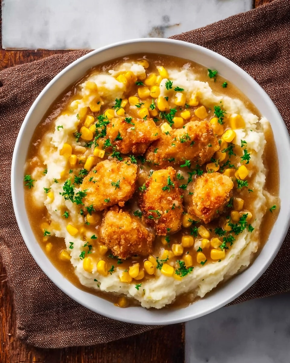 A white bowl holds a layered dish starting with a base of smooth, creamy mashed potatoes that fill the bowl evenly. On top of this is a light brown gravy spread in a ring shape just inside the mashed potato edge. Scattered over the gravy and potatoes are bright yellow corn kernels. Six pieces of golden-brown, crispy fried chicken nuggets sit in the center, slightly overlapping one another. The dish is finished with a sprinkle of finely chopped green parsley over the chicken and corn, adding vibrant color. The bowl rests on a brown cloth napkin atop a white marbled surface. photo taken with an iphone --ar 4:5 --v 7
