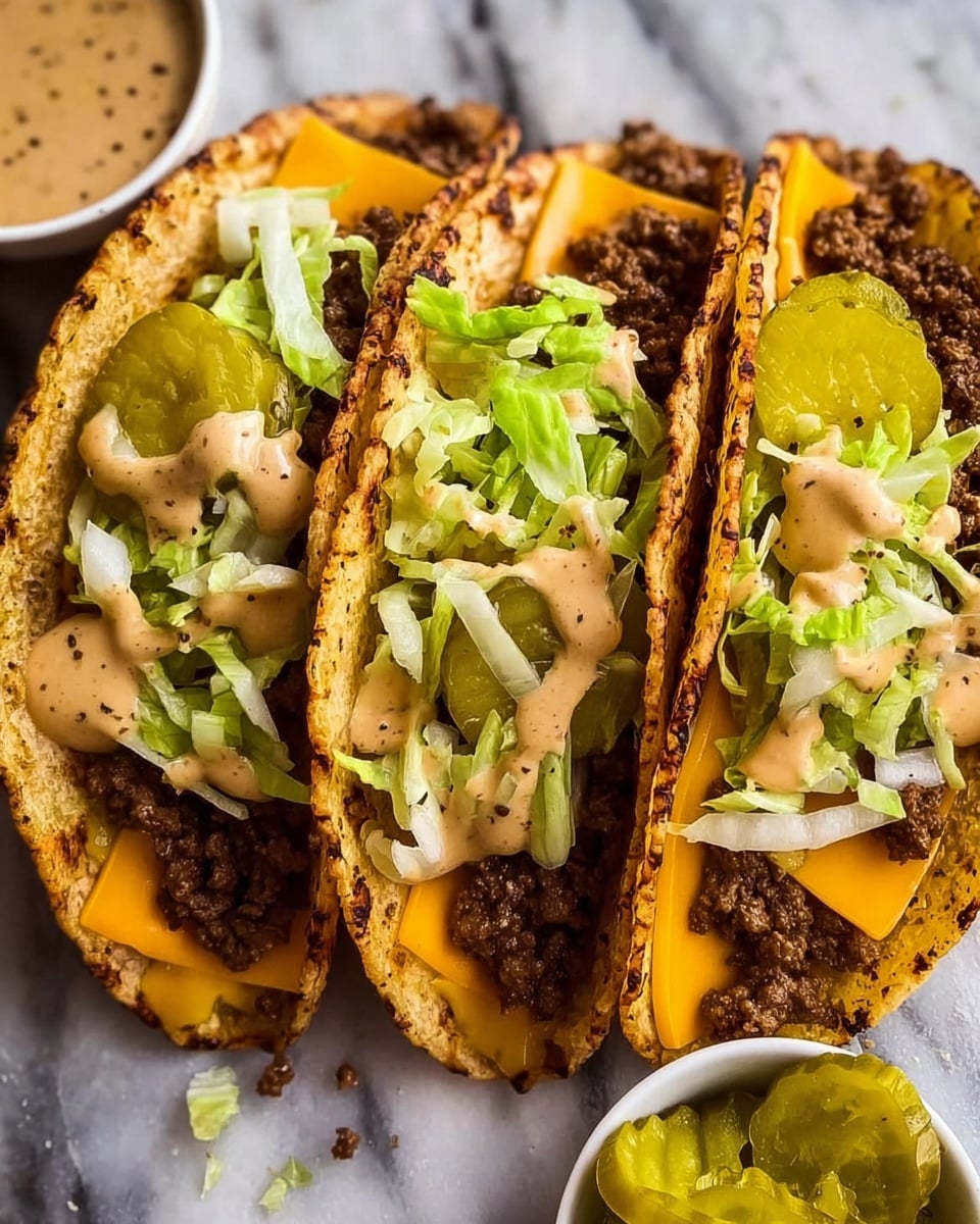Three crispy grilled taco shells are filled with layers starting from the bottom with browned ground beef, followed by a slice of melted bright orange cheddar cheese. On top, shredded light green lettuce, small pieces of white onion, and sliced green pickles are scattered. A creamy light brown sauce with visible black pepper specks is drizzled over the fillings. The tacos are placed closely together on a white marbled surface. A small white bowl with extra pickles is partially visible at the corner. Photo taken with an iphone --ar 4:5 --v 7
