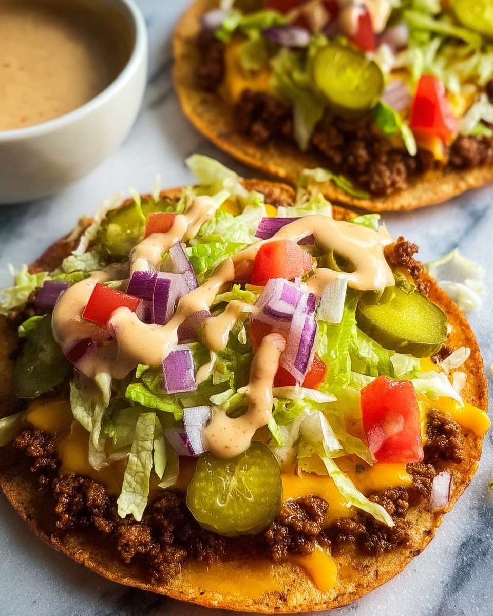 Two tostadas are shown on a white marbled surface, each with a crispy, golden-brown round base. The first layer on each base is a well-cooked, crumbly ground beef layer, topped with a smooth, bright yellow melted cheddar cheese. On top of the cheese are scattered light green shredded lettuce, bright red diced tomatoes, small purple onion cubes, and several crisp green pickle slices. A creamy, light beige sauce is drizzled over the piled toppings. In the background, there is a white bowl with more sauce. photo taken with an iphone --ar 4:5 --v 7