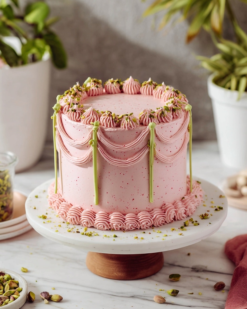 A three-layer tall round cake covered in smooth pink frosting with tiny red speckles is sitting on a white cake stand with a wooden base. The bottom edge has a row of small ridged dollops in pink frosting, while the top edge is decorated with thick wavy ridges and swags made of the same pink frosting. Between the swags, there are vertical pink rosettes tied with long thin green ribbons that hang down the sides. The top surface of the cake is smooth pink frosting with chopped green pistachios sprinkled around the inner rim. The scene is set on a white marbled surface with pistachio pieces scattered around and blurred green plants in white pots in the background. Photo taken with an iphone --ar 4:5 --v 7