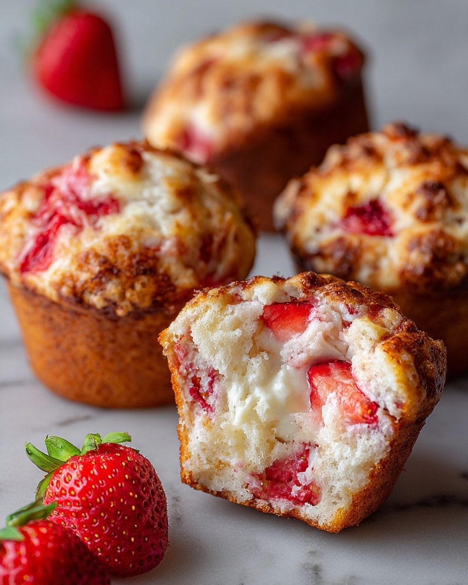 The image shows three golden brown muffins filled with fresh red strawberry pieces. One muffin is cut open in the front, revealing a soft, moist white inside with scattered bright red strawberry chunks. The muffin’s top is slightly crispy and textured with baked strawberry bits peeking through. Around the muffins, there are a few whole fresh strawberries placed on a white marbled texture. The photo is close up, focusing on the rich texture and color contrast between the golden muffin outside, white crumb, and red strawberries. photo taken with an iphone --ar 4:5 --v 7