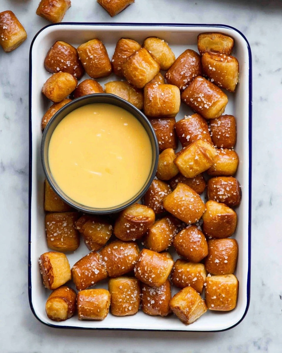 The image shows a white rectangular baking tray filled with small, golden-brown pretzel bites that have a shiny, slightly crispy texture and are sprinkled with coarse salt. In the bottom left corner of the tray, there is a small black bowl filled with smooth, creamy yellow cheese sauce. The tray is placed on a white marbled surface, creating a clean and fresh background. Photo taken with an iphone --ar 4:5 --v 7