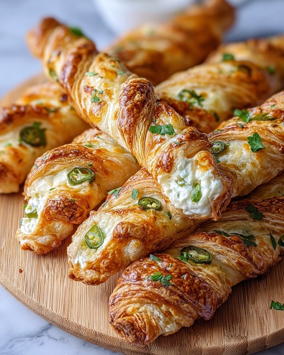 The image shows several golden-brown puff pastry twists placed closely on a light wooden platter. Each twist has multiple layers of flaky, crispy pastry with a shiny, baked surface. Inside the twists, a creamy white cheese filling is visible, dotted with small green jalapeño slices and sprinkled with chopped fresh green herbs, likely parsley or cilantro. The cheese looks soft and smooth, contrasting with the textured, bubbly baked pastry layers. The background is a white marbled texture, and the photo captures the warm, inviting look of the cheese-filled pastries up close. photo taken with an iphone --ar 4:5 --v 7