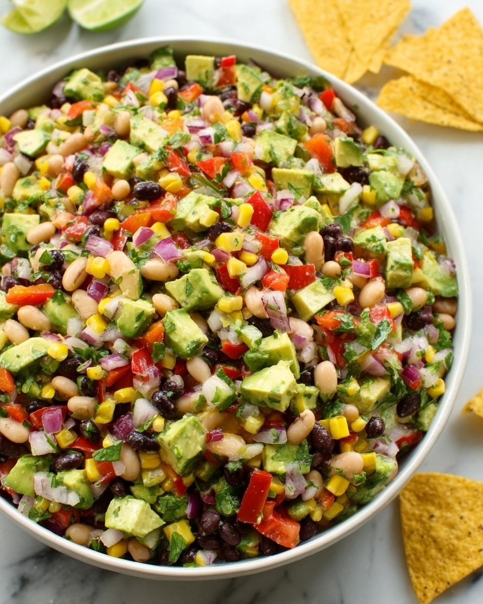 The image shows a large white bowl filled with a colorful veggie salad featuring layers of small diced green avocado pieces, bright yellow corn kernels, black beans, white beans, red diced bell peppers, and finely chopped red onions mixed throughout, creating a vibrant and textured look. The salad is placed on a white marbled surface, next to a few yellow corn tortilla chips. The bright colors and abundance of ingredients give the salad a fresh and healthy appearance. Photo taken with an iphone --ar 4:5 --v 7