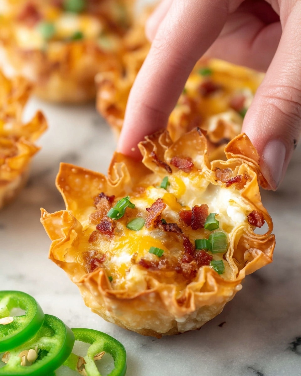 A close-up of a crispy, golden-brown wonton cup with multiple thin, crunchy layers forming the base and sides, filled with a creamy mixture that appears soft and slightly melted with specks of bright yellow cheddar cheese, white cream cheese, bits of red bacon, and small green pieces of jalapeno, creating a colorful, textured topping. A woman's hand is gently pinching the edge of the wonton cup from above. Around the cup, there are slices of fresh green jalapeno on a white marbled surface, and other similar wonton cups are blurred in the background. photo taken with an iphone --ar 4:5 --v 7
