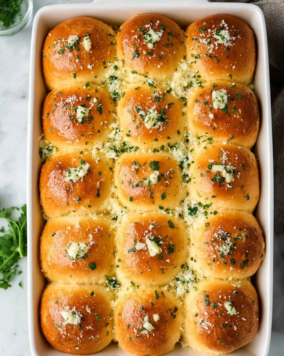 A white rectangular baking dish filled with 24 golden brown soft rolls arranged in a 6 by 4 grid. Each roll has a shiny, smooth top sprinkled with small bits of chopped green herbs and finely grated white cheese. The rolls are touching each other, forming a soft, bumpy surface. Tiny pieces of minced garlic are also visible on top, adding texture. The dish sits on a white marbled surface with some fresh green herbs seen in the corner. Photo taken with an iphone --ar 4:5 --v 7