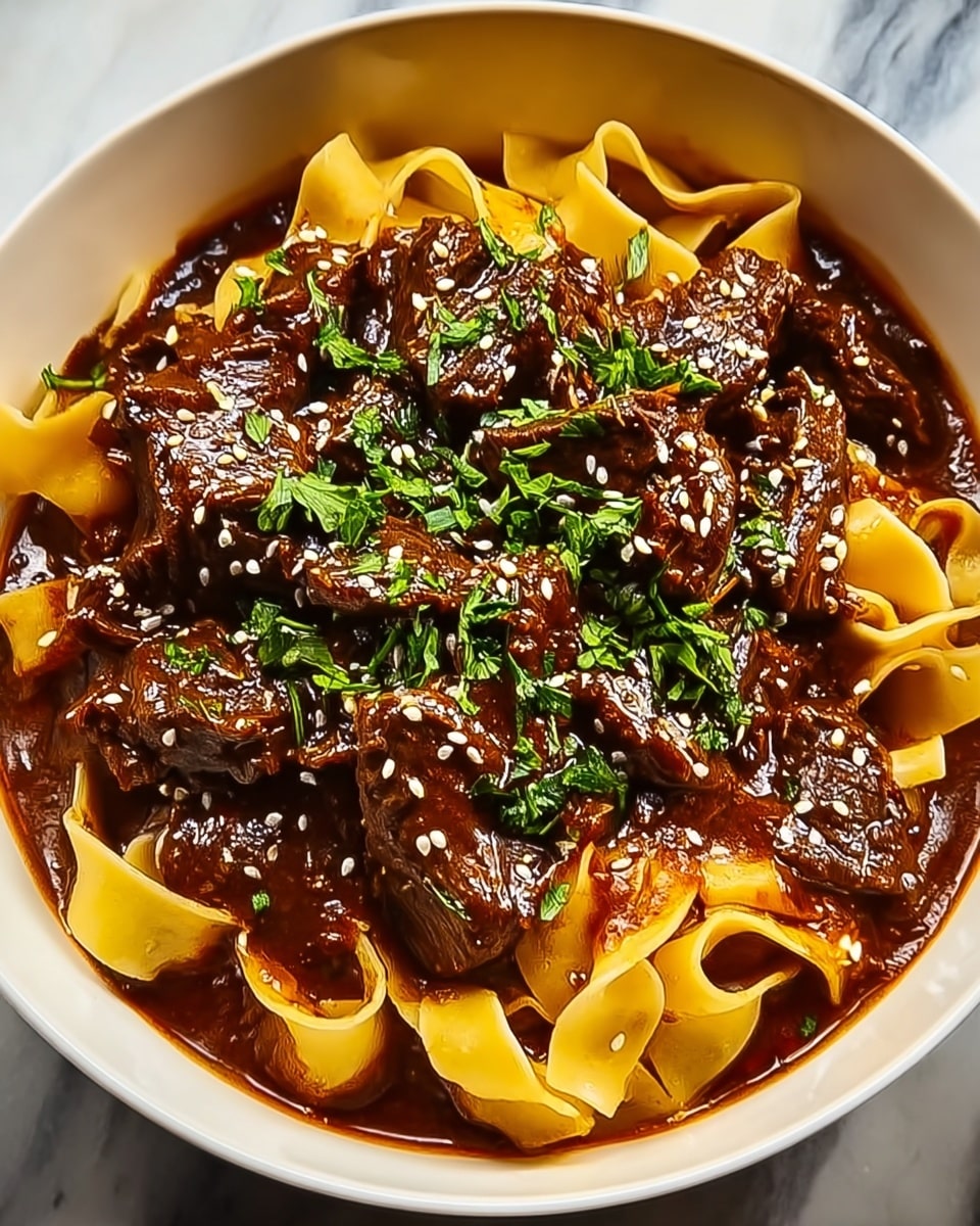 A white bowl filled with wide, flat yellow noodles at the bottom, partially covered with a thick, dark reddish-brown sauce layered with tender, sliced pieces of beef. The beef is coated in the sauce and scattered evenly over the noodles. The dish is topped with chopped fresh green herbs and sprinkled with small white sesame seeds, adding texture and color contrast. The bowl sits on a white marbled surface, with some sauce slightly spread on the inner edge of the bowl. photo taken with an iphone --ar 4:5 --v 7