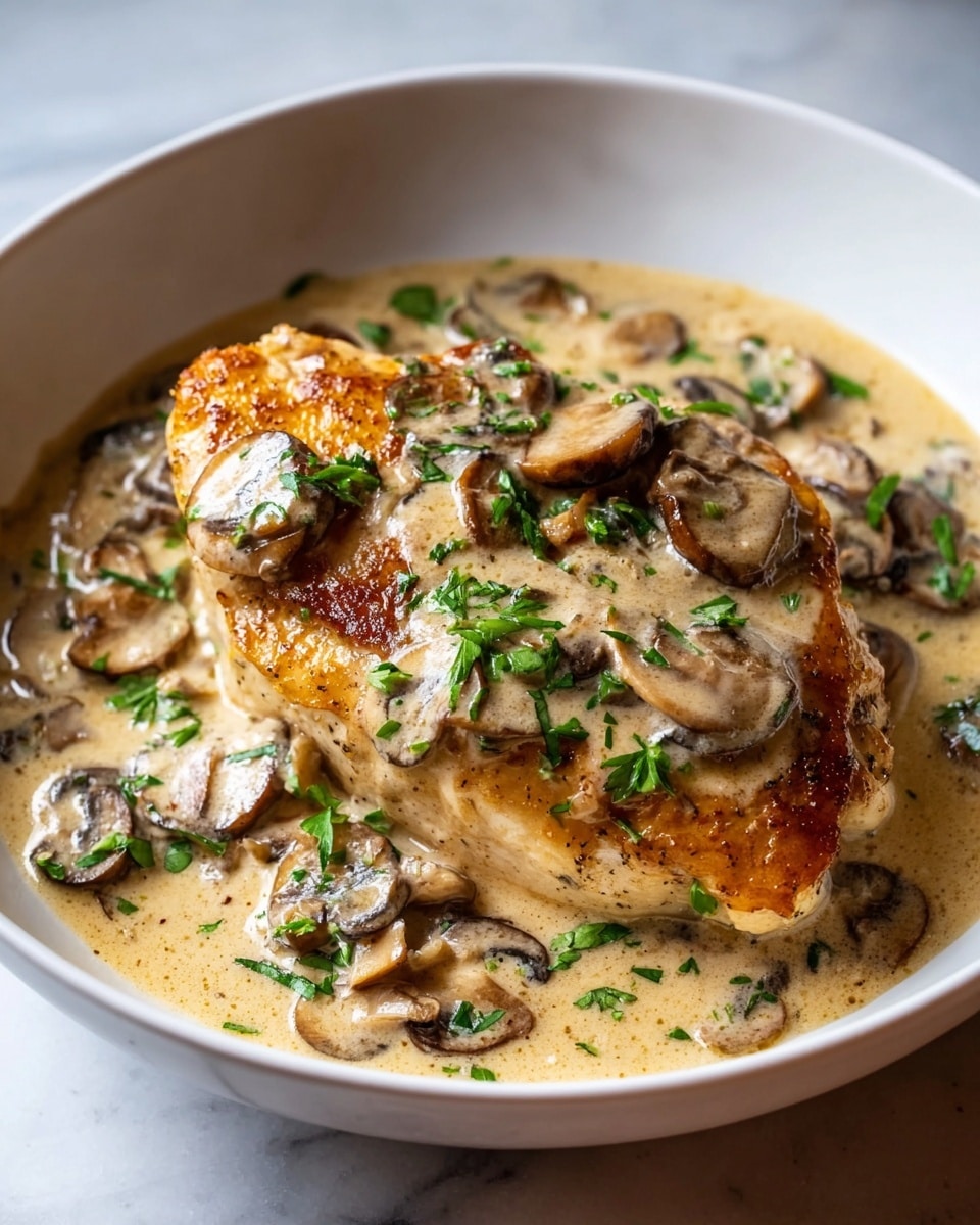 A white bowl holds a single piece of golden-brown cooked chicken breast as the main layer in the center. The chicken is covered with a creamy, light beige mushroom sauce that contains sliced brown mushrooms scattered around, forming a thick layer under and over the chicken. Small pieces of fresh green herbs are sprinkled on top, adding a touch of color. The background shows a white marbled texture surface. photo taken with an iphone --ar 4:5 --v 7