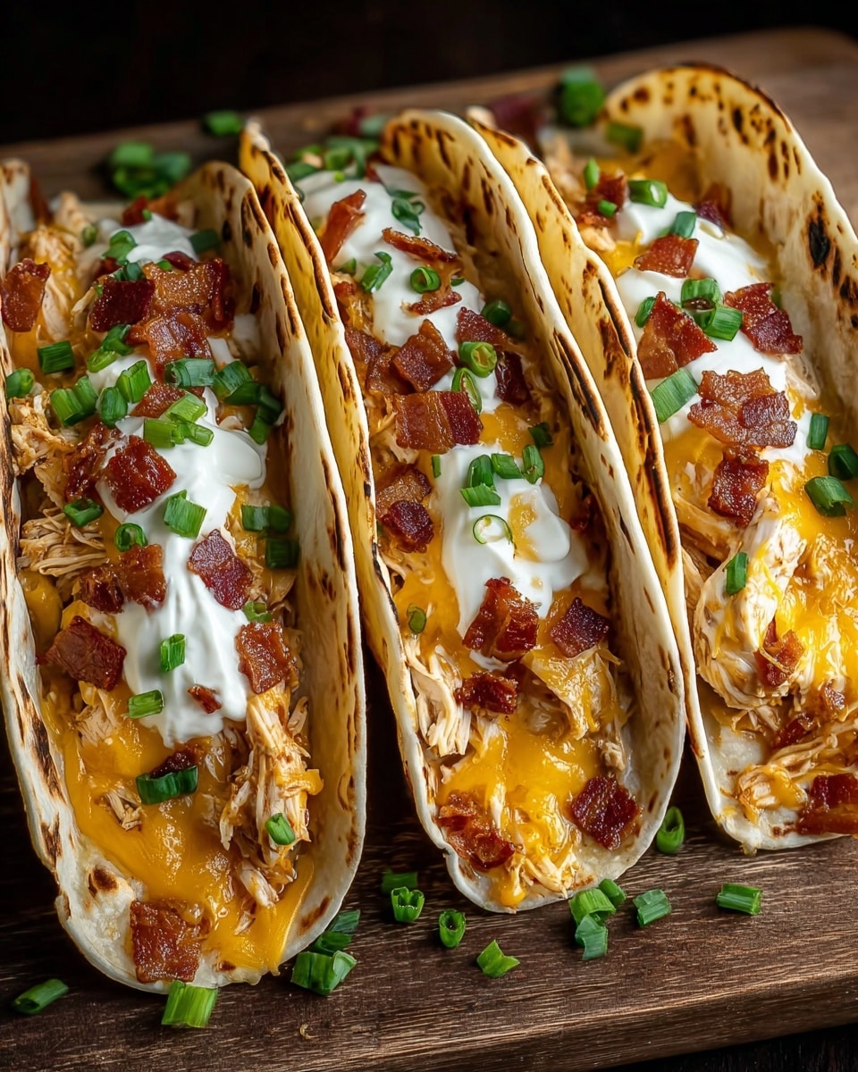 Four soft flour tortillas are standing upright side by side on a dark wooden board. Each tortilla is filled with shredded chicken at the bottom layer, topped with melted bright orange cheddar cheese. On top of the cheese, there are small chunks of crispy reddish-brown bacon and white dollops of sour cream spread unevenly. Bright green chopped scallions are scattered on top and around the tortillas, adding a fresh touch. The tortillas have some toasted brown spots, and the image shows a close-up view with rich colors and textures. Photo taken with an iphone --ar 4:5 --v 7