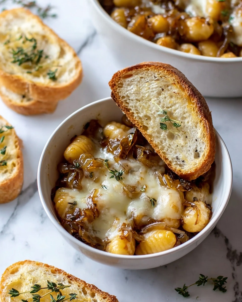 A white bowl filled with golden brown gnocchi covered in a rich caramelized onion sauce, topped with melted white cheese that drapes softly over the gnocchi and onions; a slice of toasted bread with a light golden crust and soft inside rests partially inside the bowl, garnished with small green thyme leaves. Two more toasted bread slices with a golden crust and airy texture, each garnished with green thyme, sit on a white marbled surface next to the bowl. In the background, a larger white bowl with the same gnocchi is partially visible, creating a cozy and warm meal scene. Photo taken with an iphone --ar 4:5 --v 7