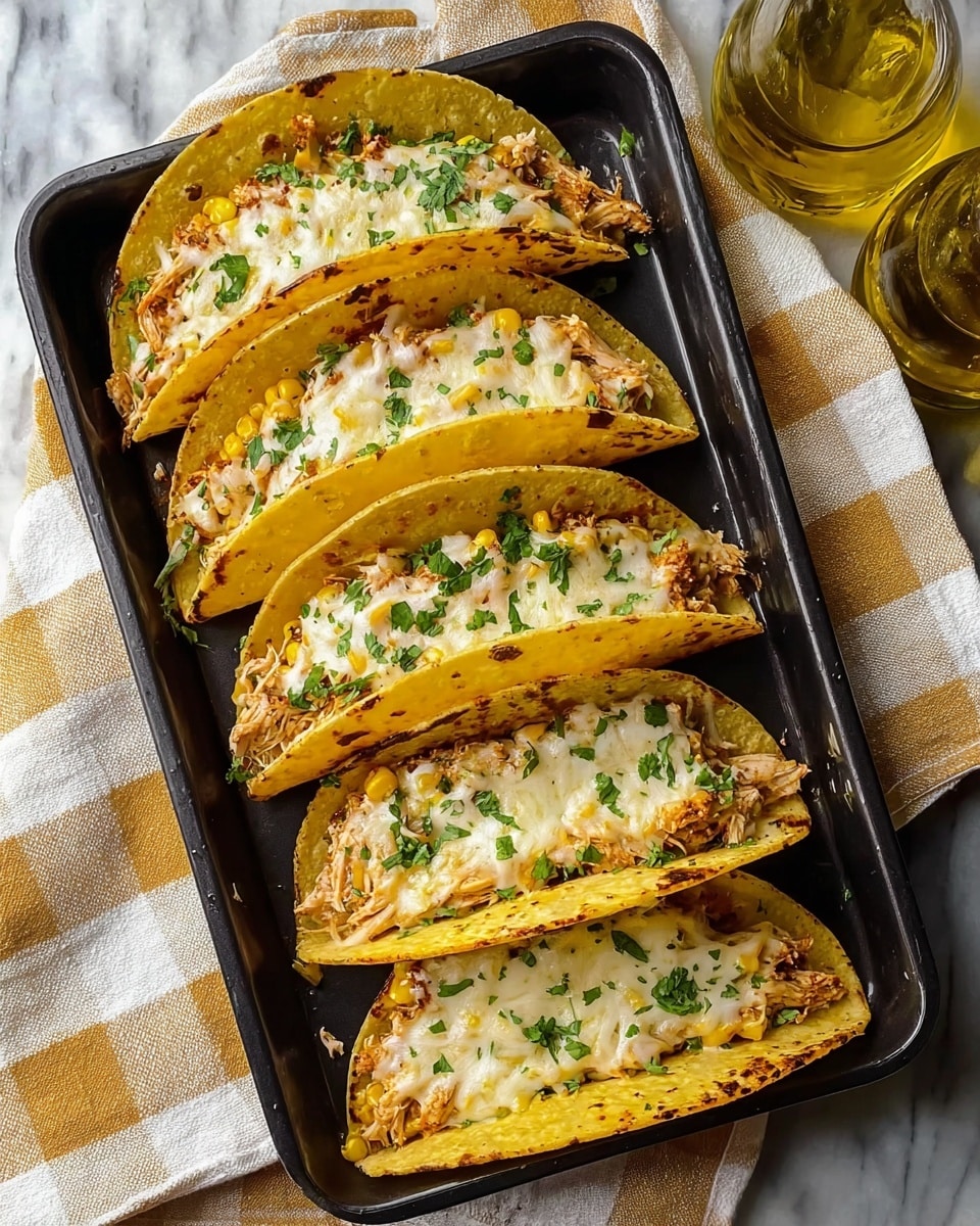 Six yellow corn tacos are neatly lined up in a black tray on a white marbled surface. Each taco has a soft taco shell filled with a layer of shredded chicken mixed with corn, topped with melted white cheese that covers the filling evenly, and sprinkled with chopped green cilantro. The taco shells show light browning and slight crispiness along the edges, giving a warm, inviting texture. The tray is placed on a cloth with a white and golden-yellow checkered pattern, next to a glass bottle filled with golden olive oil. photo taken with an iphone --ar 4:5 --v 7