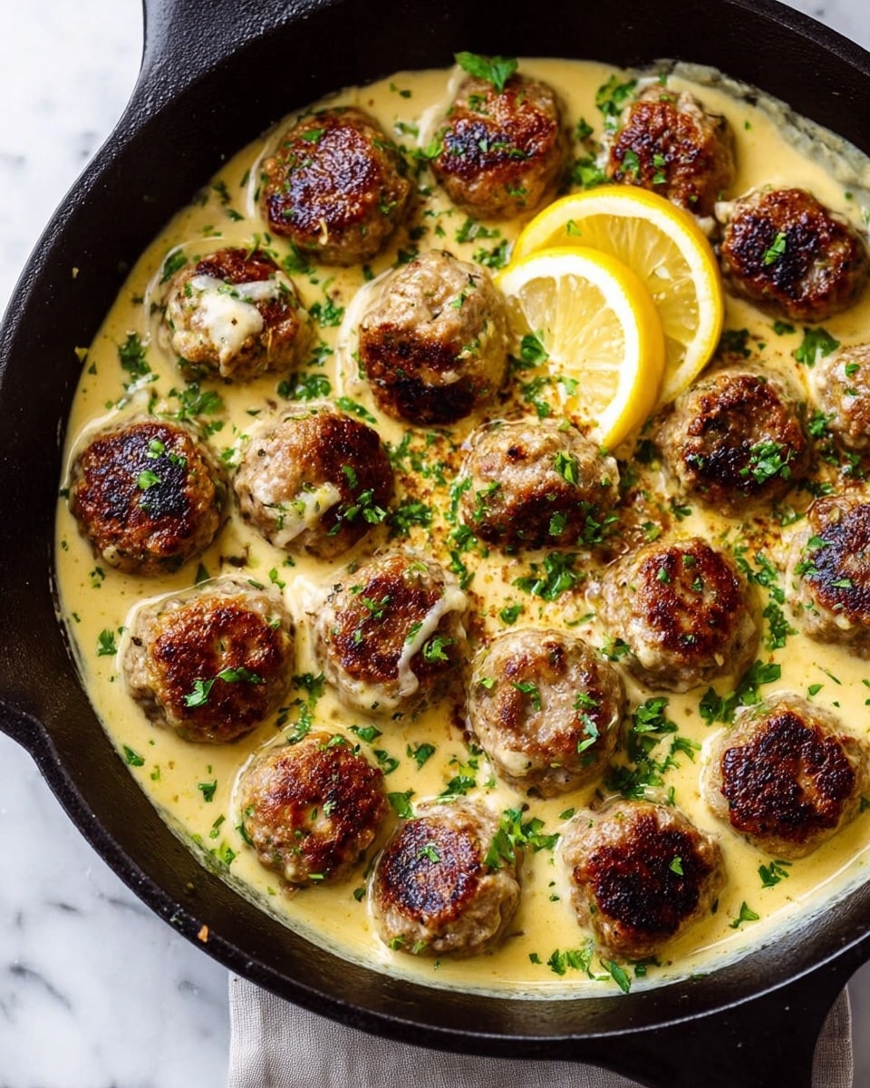 The image shows browned meatballs with a slightly crispy texture on top, sitting in a creamy light yellow sauce with small green herb pieces sprinkled on them and in the sauce. A metal spoon holds one meatball above the dish, fully covered in the sauce, while more meatballs and lemon slices are visible in the background, all placed on a white marbled surface. photo taken with an iphone --ar 4:5 --v 7