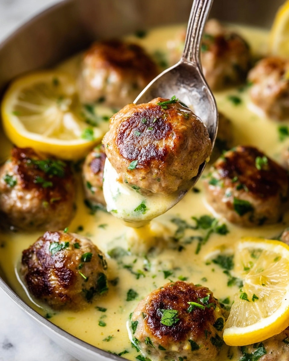 A black skillet filled with about twenty browned meatballs sitting in a creamy light yellow sauce with finely chopped green herbs sprinkled over both the meatballs and sauce, two lemon wedges rest on top of some meatballs on the right side of the skillet, the skillet is placed on a white marbled surface. photo taken with an iphone --ar 4:5 --v 7
