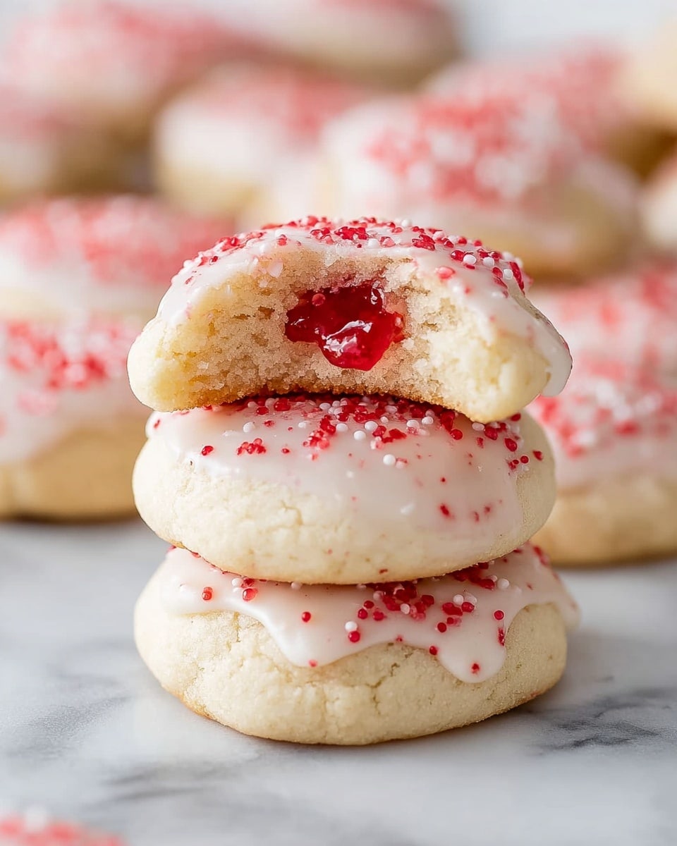 A stack of three soft, light beige cookies with a smooth, shiny white icing layer on top, sprinkled with small red sugar crystals. The top cookie is bitten into, showing a bright red, jam-like filling inside that contrasts with the pale cookie dough. The cookies have a slightly rounded, thick shape and a soft texture. They sit on a white marbled surface with a blurred background full of more cookies, all similarly iced and sprinkled. Photo taken with an iphone --ar 4:5 --v 7
