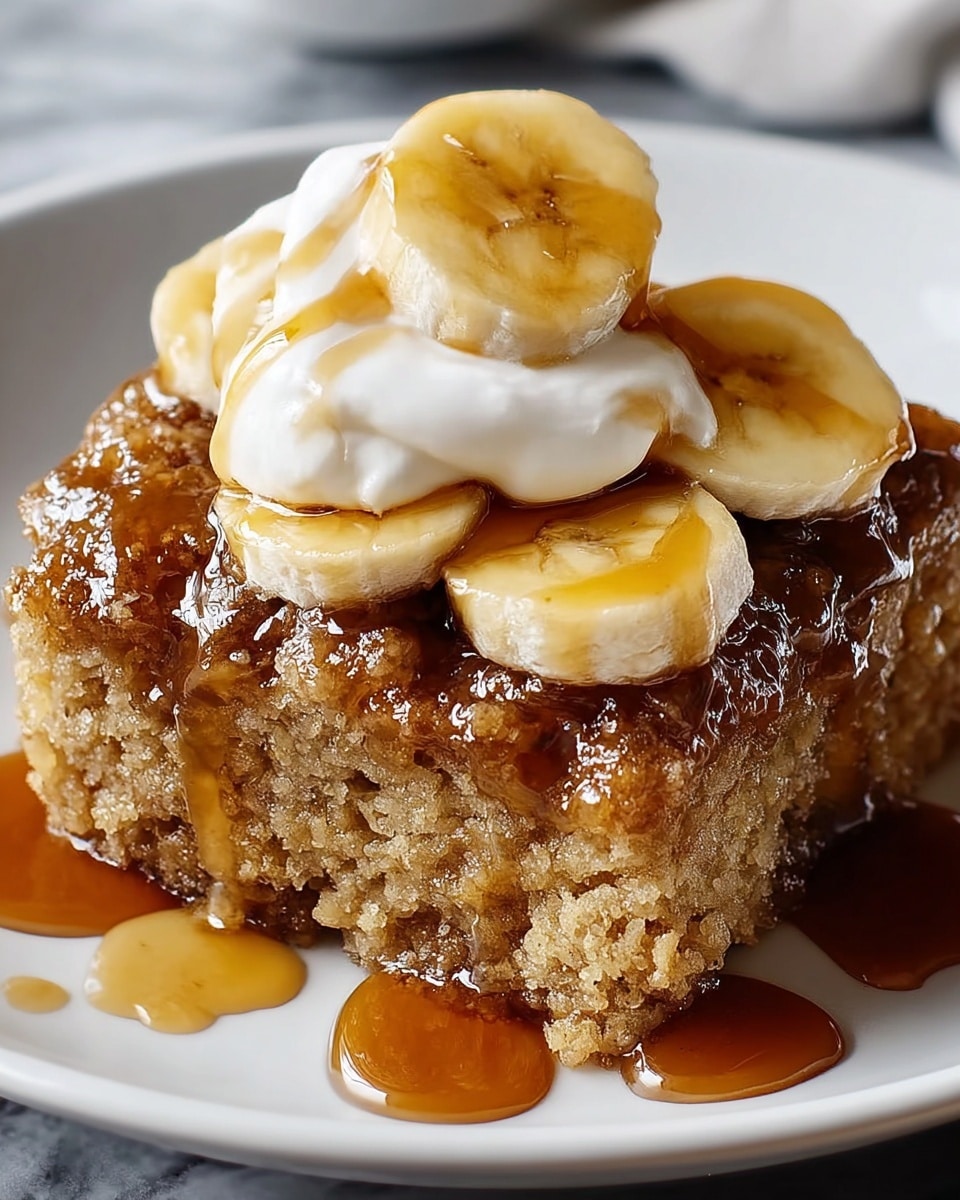 A close-up of a single piece of crumbly, light brown cake on a white plate, topped with several thin slices of yellow banana arranged in a small stack. On top of the bananas, there is a dollop of white whipped cream with light brown syrup drizzled over it and over the cake, pooling slightly on the plate. The cake’s texture is crumbly and moist, with the syrup giving it a shiny, sticky look. The background shows a white marbled surface. photo taken with an iphone --ar 4:5 --v 7