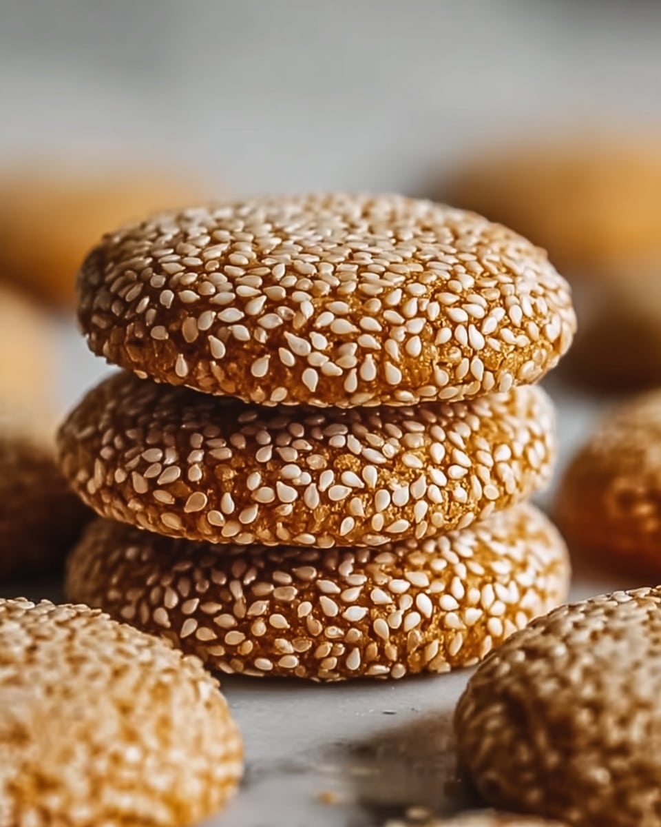 A close-up image of a stack of three round cookies, each fully covered with small white sesame seeds. The cookies have a golden brown color and a smooth, slightly shiny surface beneath the sesame seeds. The stack is placed on a white marbled texture with more cookies scattered around, softly blurred in the background. The focus is on the top cookie showing the texture and seed distribution clearly. photo taken with an iphone --ar 4:5 --v 7