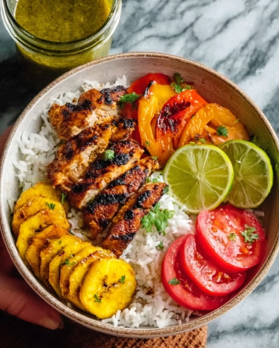 The image shows a white bowl filled with a colorful meal on a white marbled surface. Inside the bowl, there is a base layer of white rice that looks soft and fluffy. On top of the rice, there are several layers: grilled chicken pieces with a slightly charred, brown texture placed in the middle, bright yellow slices of grilled plantains on one side, and fresh tomato slices with pink and red tones on another side. Yellow-orange roasted bell pepper slices with a smooth texture sit near the chicken. Lastly, two bright green lime halves rest on top near the chicken and rice, adding a fresh pop of color. A glass jar with a green sauce, and a woman's hand holding it, slightly showing near the bowl. photo taken with an iphone --ar 4:5 --v 7