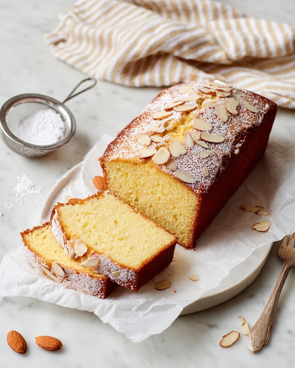 A loaf cake sits on a white plate lined with white parchment paper on a white marbled surface. The cake has one slice cut and placed next to it, showing a moist, pale yellow inside with a soft texture. The cake top is golden brown, sprinkled with sliced almonds and a light dusting of powdered sugar. The slice also shows almonds on the side crust. In the background, a striped beige and white cloth is slightly crumpled, and a small metal sieve with powdered sugar is visible. A few almond slices are scattered on the surface near the plate. Photo taken with an iphone --ar 4:5 --v 7