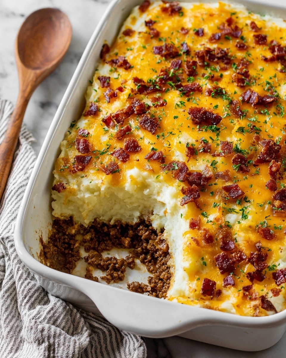 A white baking dish filled with a two-layer shepherd’s pie. The bottom layer is brown, crumbly cooked ground meat mixed with small bits of onion. The top layer is creamy mashed potatoes, light yellow with a smooth, fluffy texture. The potato layer is topped with melted golden cheddar cheese, crispy browned bacon pieces scattered all over, and sprinkled with finely chopped green herbs. A portion is scooped out from one corner, showing the layers clearly. The dish sits on a white marbled surface next to a wooden spoon and a striped cloth. photo taken with an iphone --ar 4:5 --v 7