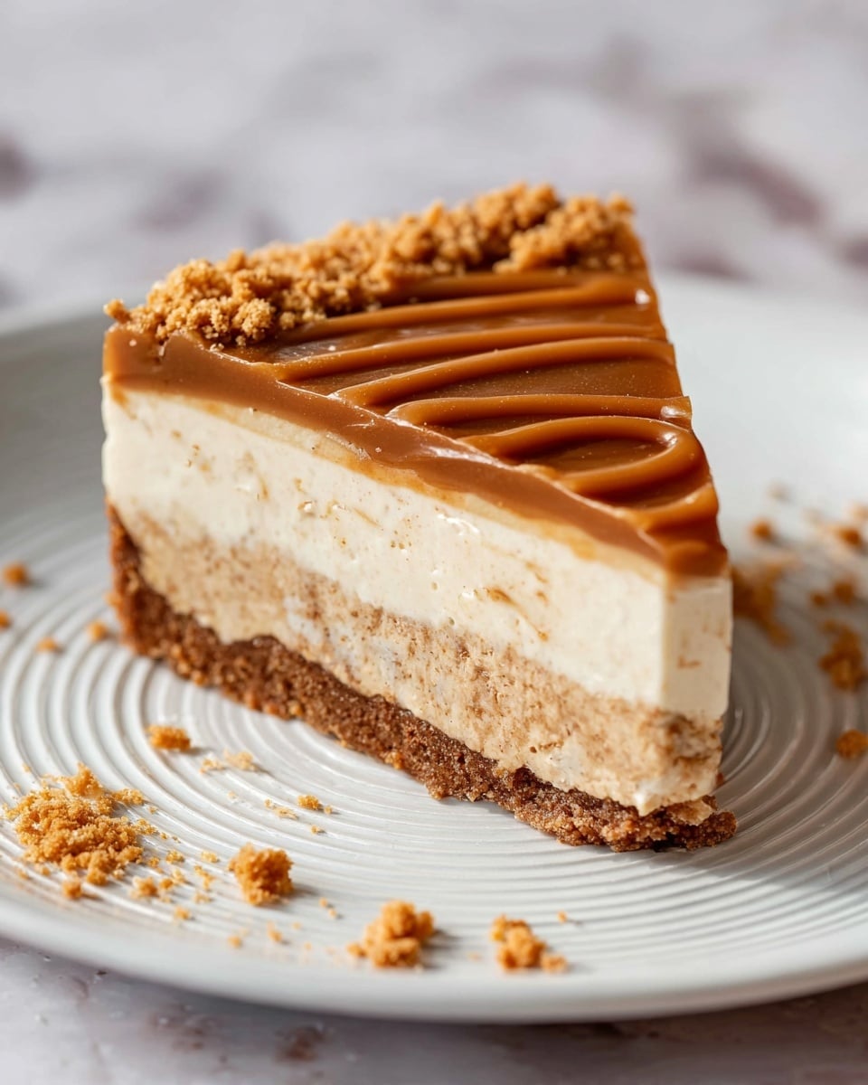 The image shows a round layered cake with a thick crumbly golden brown crust all around and crushed crumbs topping the edges. The cake cutout reveals three main layers: a bottom dense cookie crust, a thick creamy off-white middle layer, a thin dark brown crunchy middle streak, and a smooth lighter brown top layer with a shiny glaze. There is a whole rectangular biscuit placed on top near the edge. The cake sits on white parchment paper on a wood pedestal, surrounded by scattered broken and whole cookies on a white marbled surface. photo taken with an iphone --ar 4:5 --v 7