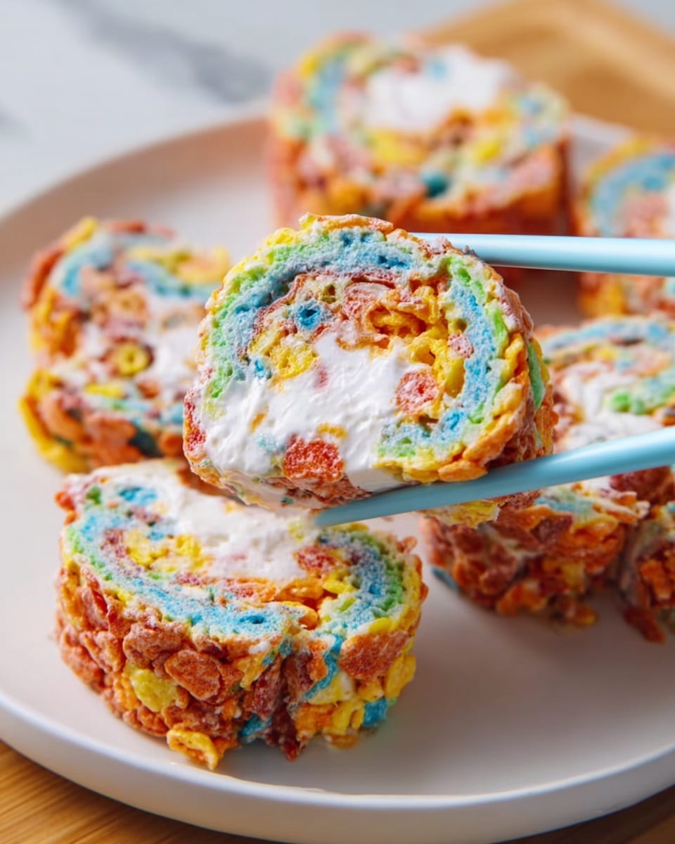 A close-up of a colorful roll cut into thick slices, showing a layered texture with bright rainbow-colored cereal pieces on the outer layer, soft and chewy, wrapped around a white, creamy middle layer that looks smooth and fluffy. The roll is held by light blue chopsticks over a white plate with several other similar slices arranged in the background, all resting on a white marbled surface. Photo taken with an iphone --ar 4:5 --v 7