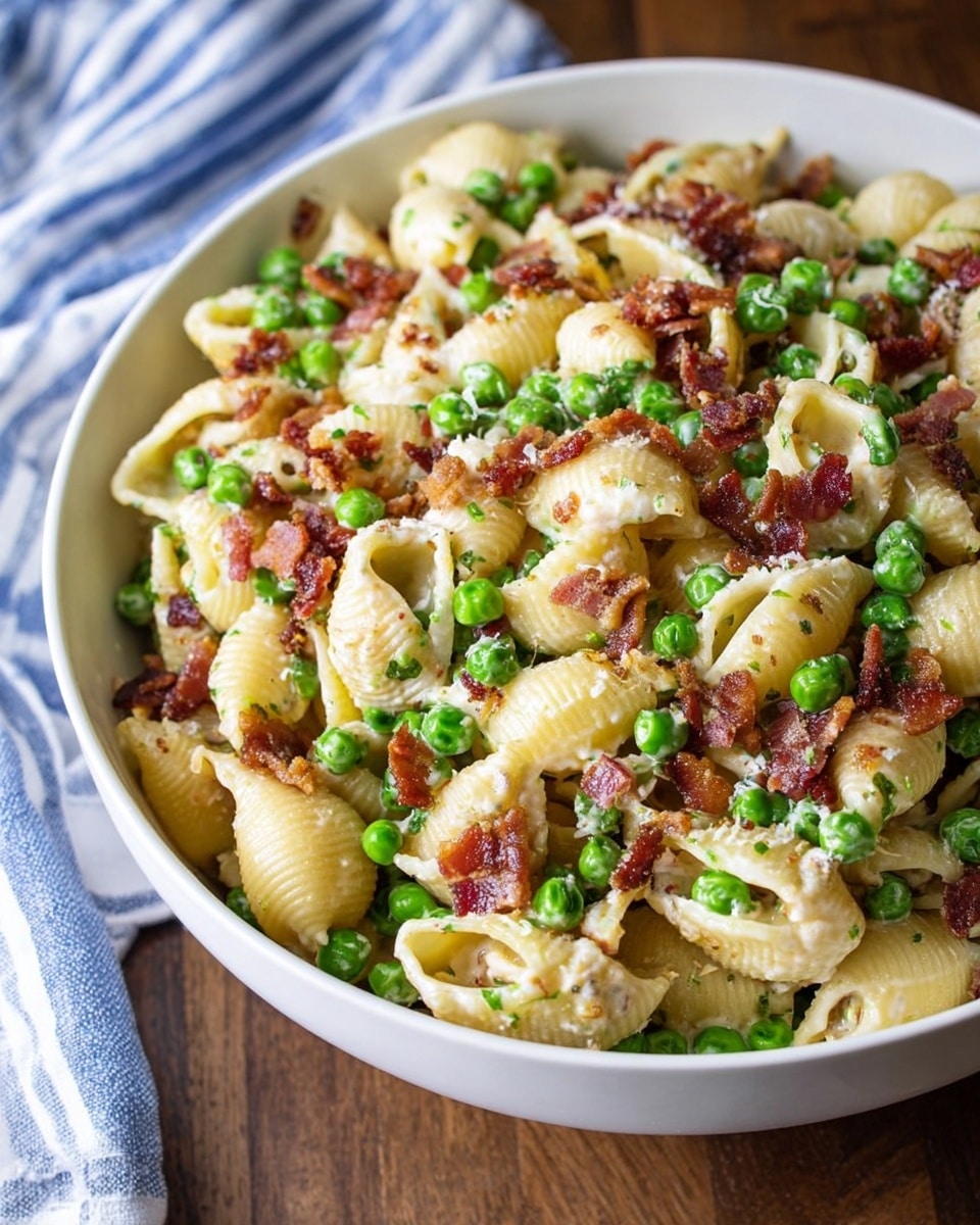 The image shows a large white bowl filled with pasta shells mixed with green peas and small crispy bacon pieces. The pasta shells are light yellow and have a soft texture, while the peas are bright green and round, scattered evenly throughout the dish. The bacon bits add a reddish-brown crispy layer on top and between the shells and peas. The creamy sauce coats all the ingredients giving a slightly shiny finish. The bowl is placed on a wooden surface with a glimpse of a blue and white striped cloth in the background. photo taken with an iphone --ar 4:5 --v 7