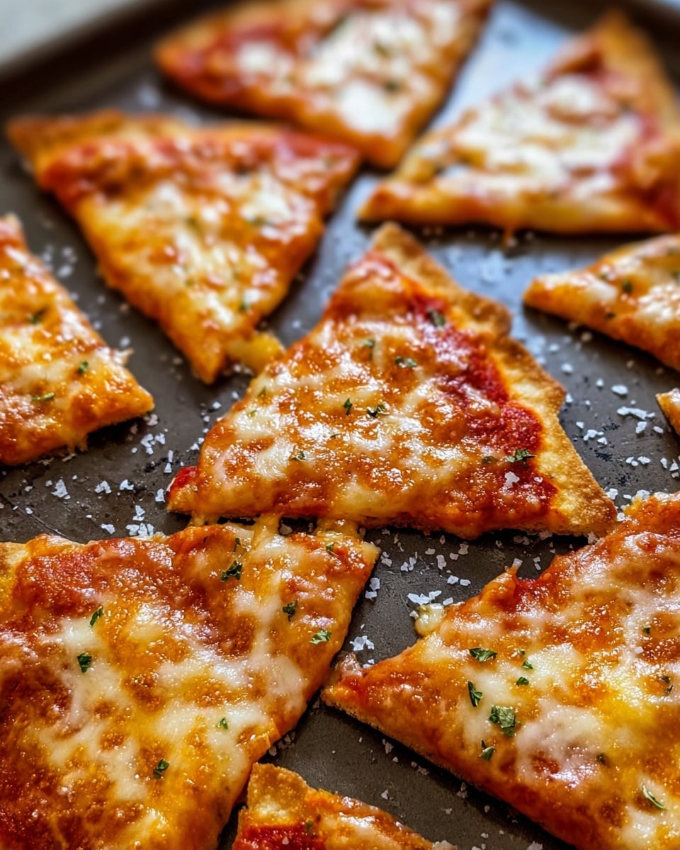 The image shows many triangle slices of cheese pizza laid out on a dark baking tray. Each slice has three visible layers: a thin light brown crispy crust, a bright red tomato sauce layer beneath, and a top layer of melted golden-yellow cheese with browned spots and small green herb sprinkles. The pizza slices are close together but not overlapping, with a few grains of salt scattered on the tray. The image has a close-up view with a white marbled texture softly blurred in the background. Photo taken with an iphone --ar 4:5 --v 7