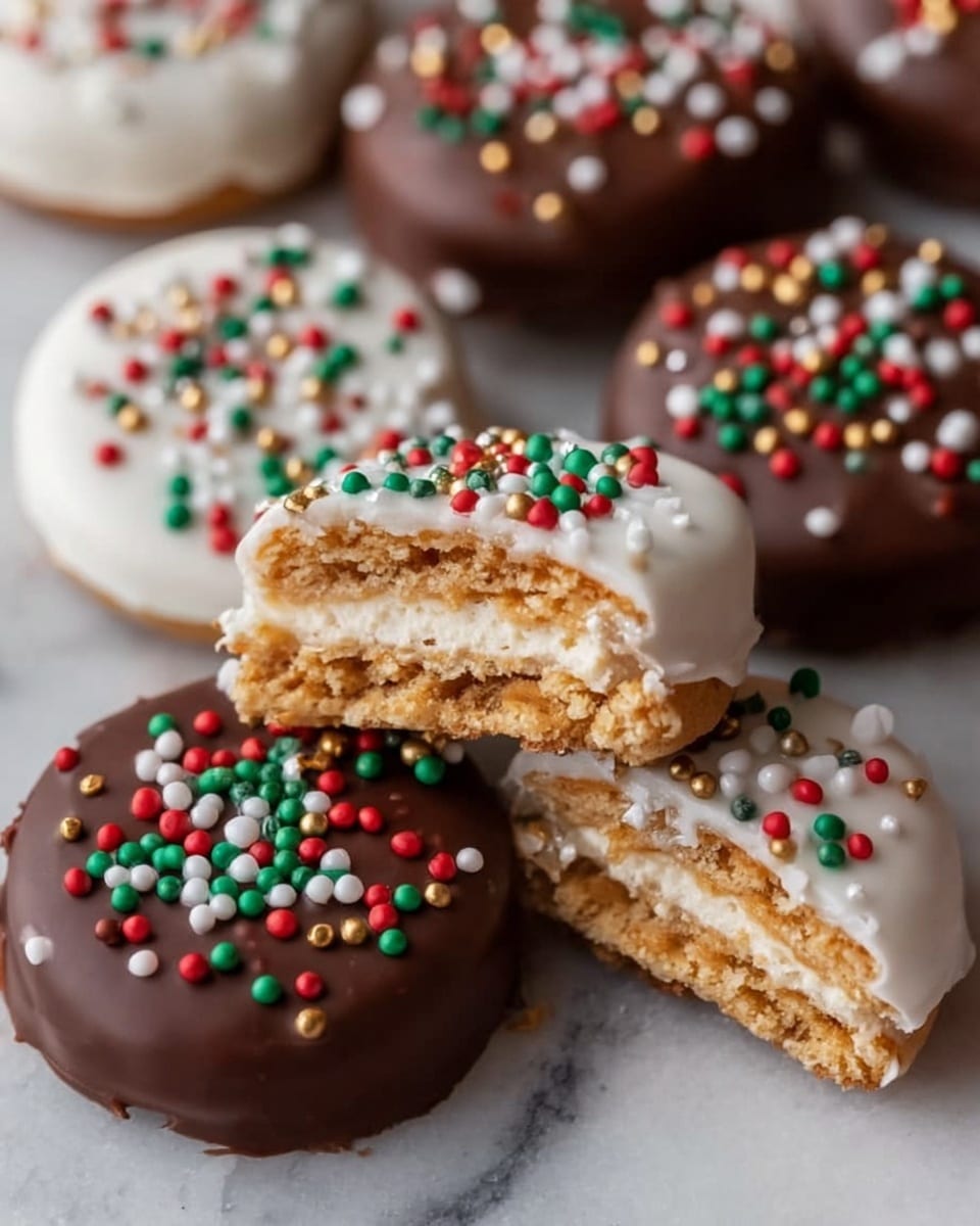 A close-up image of chocolate-covered round cookies placed on a white marbled surface. The cookies have a smooth, glossy dark brown chocolate layer on the outside with colorful small round sprinkles on top in red, green, white, and gold colors. Two cookies are broken to show the inside layers: a crispy, light brown biscuit layer in the middle surrounded by a white chocolate coating in one cookie, and milk chocolate coating in the other. The arrangement is casual and shows texture contrast between crunchy biscuit and smooth chocolate. Photo taken with an iphone --ar 4:5 --v 7